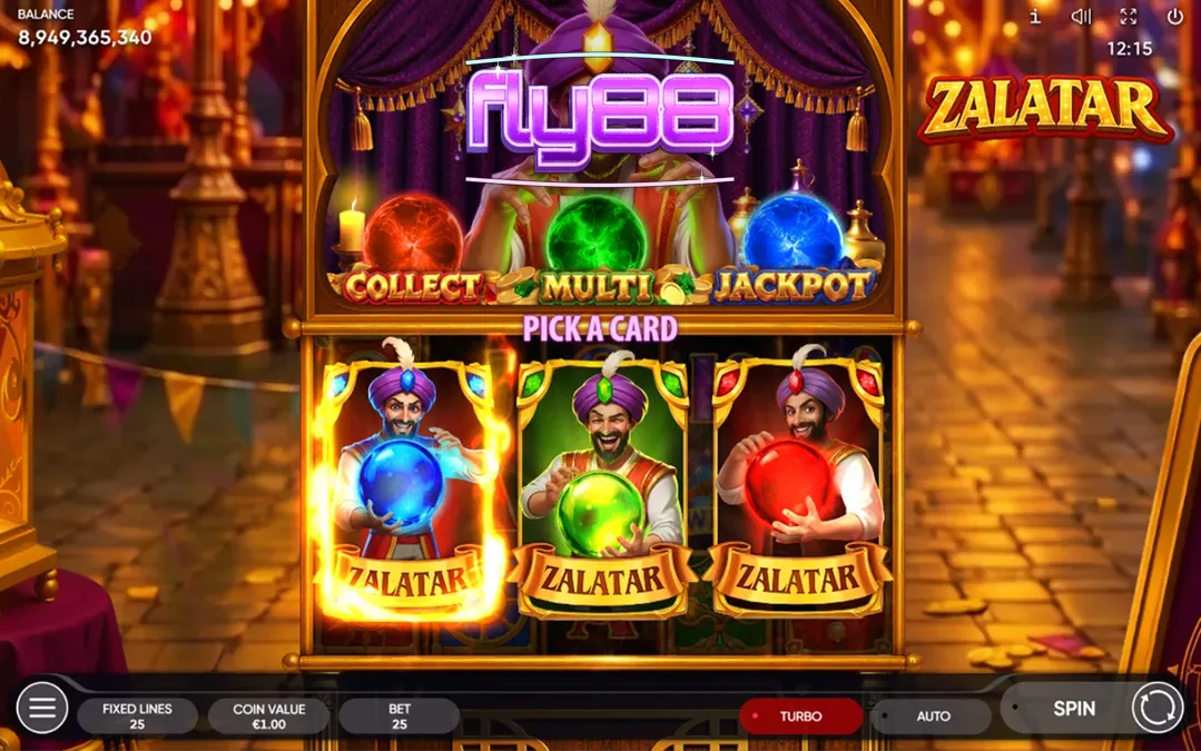Giao diện trò chơi slot Zalatar với các biểu tượng huyền bí và quả cầu màu sắc